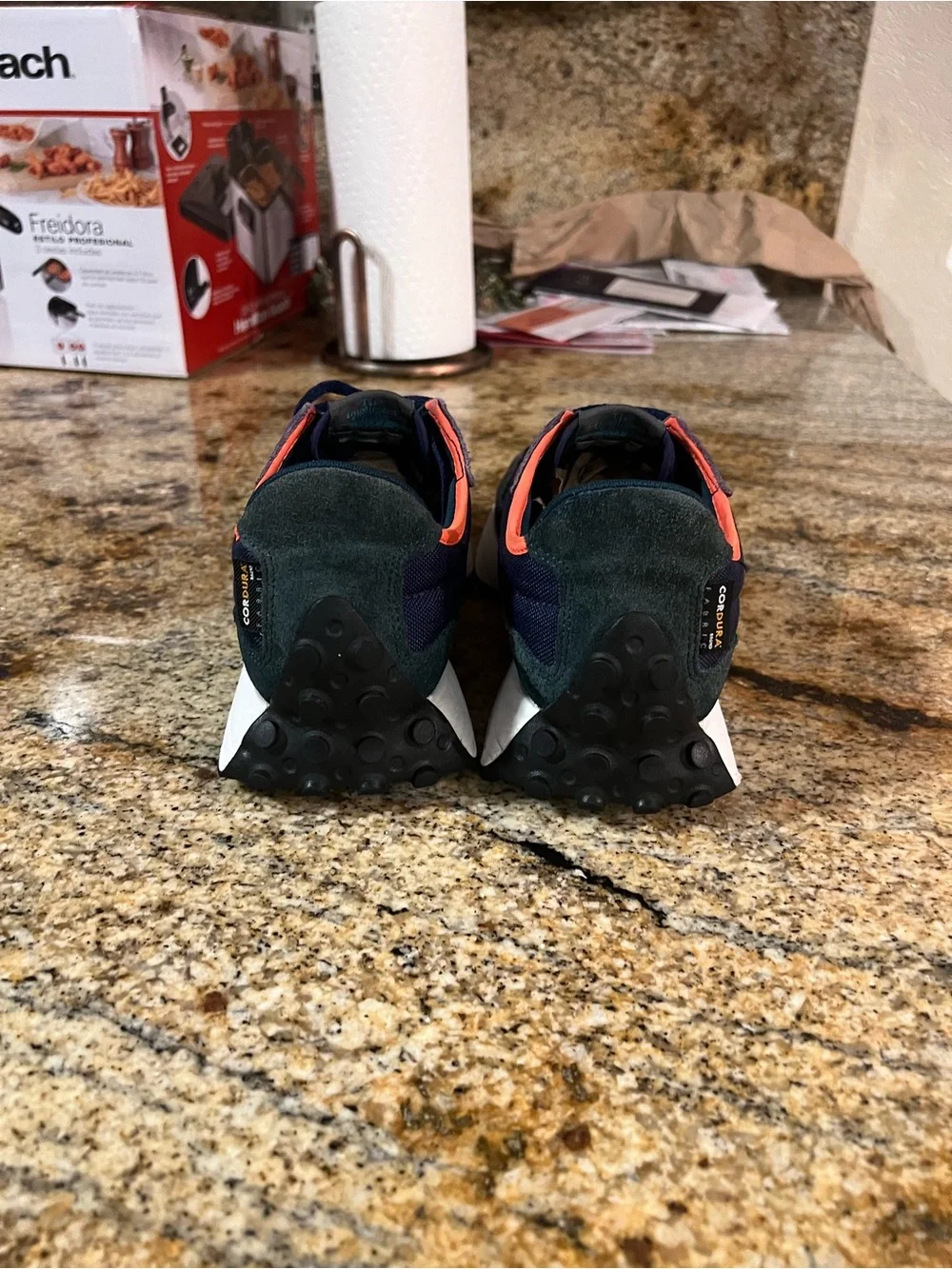 New Balance navy, gray & black sneakers with coral trim